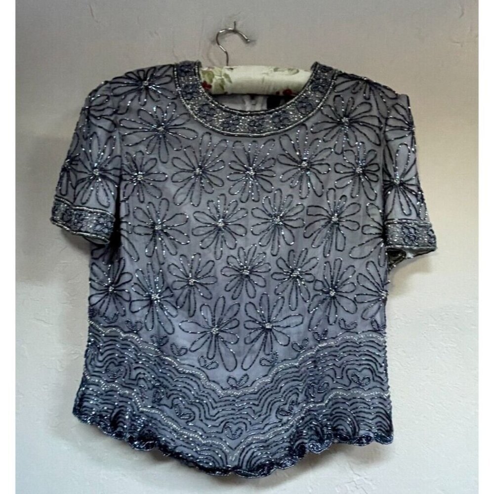 Vintage Cote d Azur Evening Formal Silk Beaded Short Sleeve Top Black Large